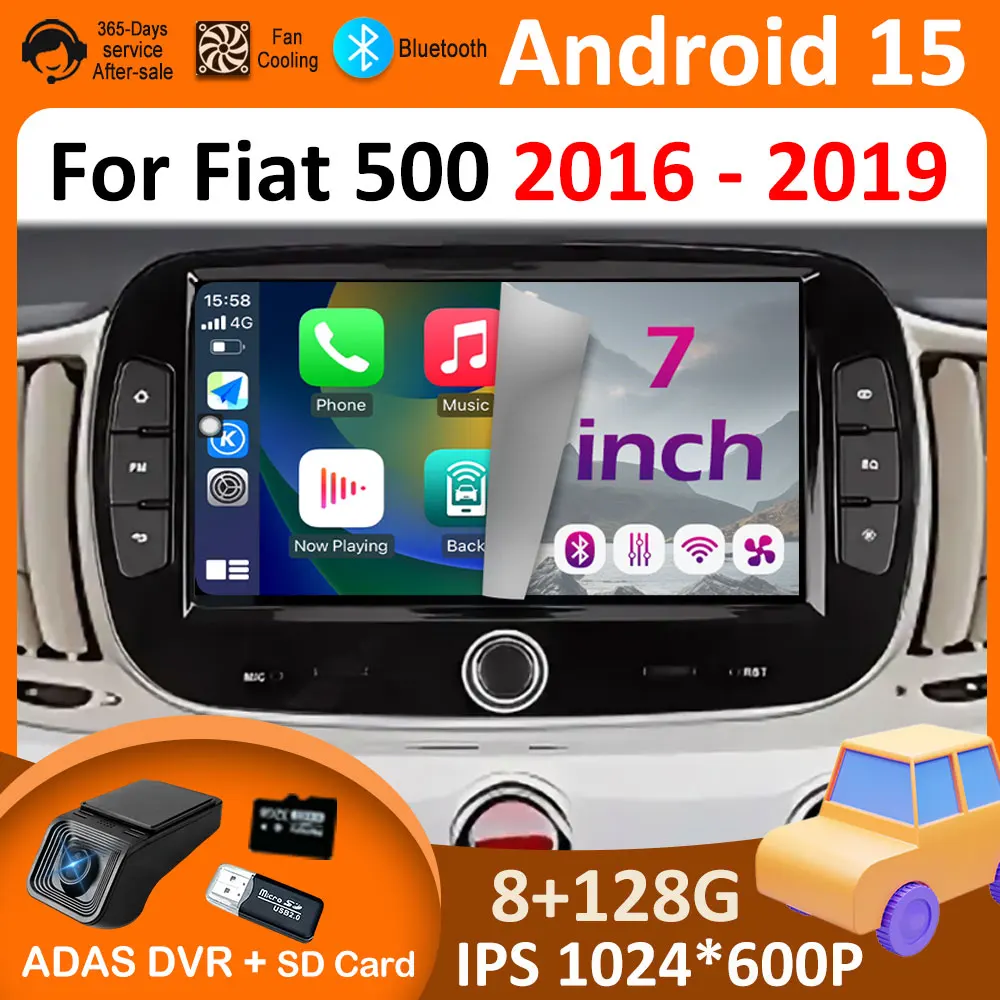 Pemutar Video Multimedia Mobil Wireless Carplay untuk FIAT 500 2016 2017 2018 2019 Sistem Cerdas Android 15 Layar Sentuh WIFI 4G