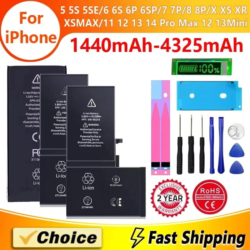 Original high-capacity replacement battery, suitable for iPhone 6S 7 8 14 Plus XS MAX XR 11 12 13 Pro Max 5S mobile lithium batt