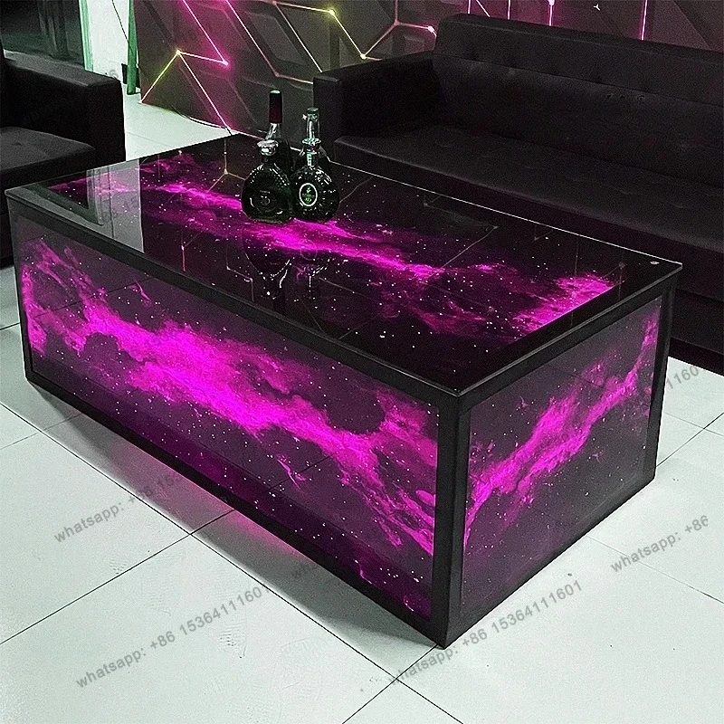 KTV Coffee Table Table European Wine Bar Counter Card Seat Luminous Desktop Tempered Glass Stainless Steel