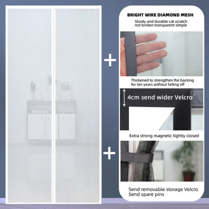 

White Grey Magnetic Mosquito Net Door Screen Anti Insect Invisible Glass Fibre Mesh Custom Size Curtain Tulle Automatic Closing