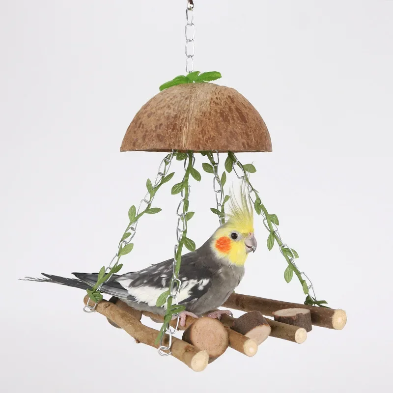 Coconut Bird Nest Hanging Bird House For Cage Bird Swing Toy With Chewing Toy Parrots Hanging Bed Breeding Nesting