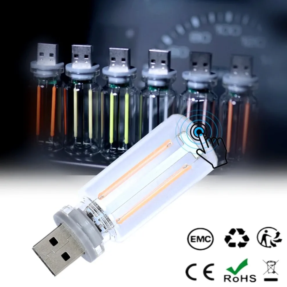 5V USB Touch Dimming Glass Bulb Colorful LED Filament USB Night Light Retro Edison Bulb Car Decoration Eye Protection Lighting