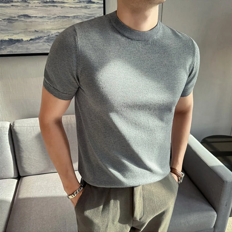 

Высококачественный мужской вязаный свитер с короткими рукавами, футболка с круглым вырезом, однотонный мужской пуловер, футболки, облегающая эластичная майка, топ