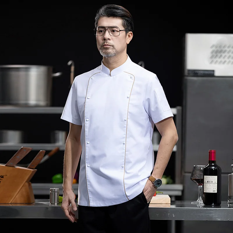 Veste de Chef d'été, uniforme de Restaurant, chemise de cuisine à manches courtes, Costume de serveur de restauration d'hôtel, salopette de boulangerie Logo personnalisé