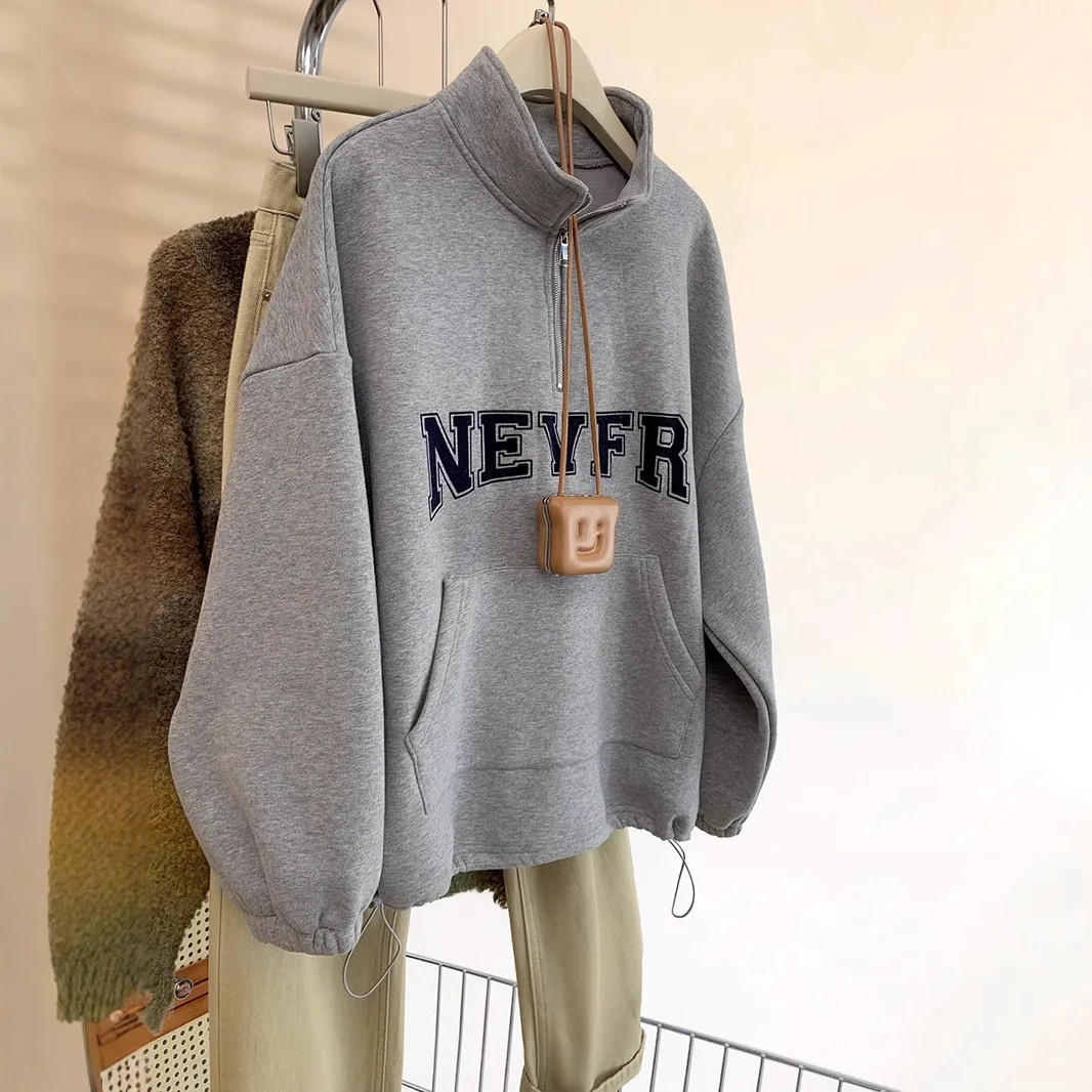 

2025 Gray Drawstring Stand-up Collar Half Zipper Loose Sweater Women's Autumn and Winter New Thickened Top