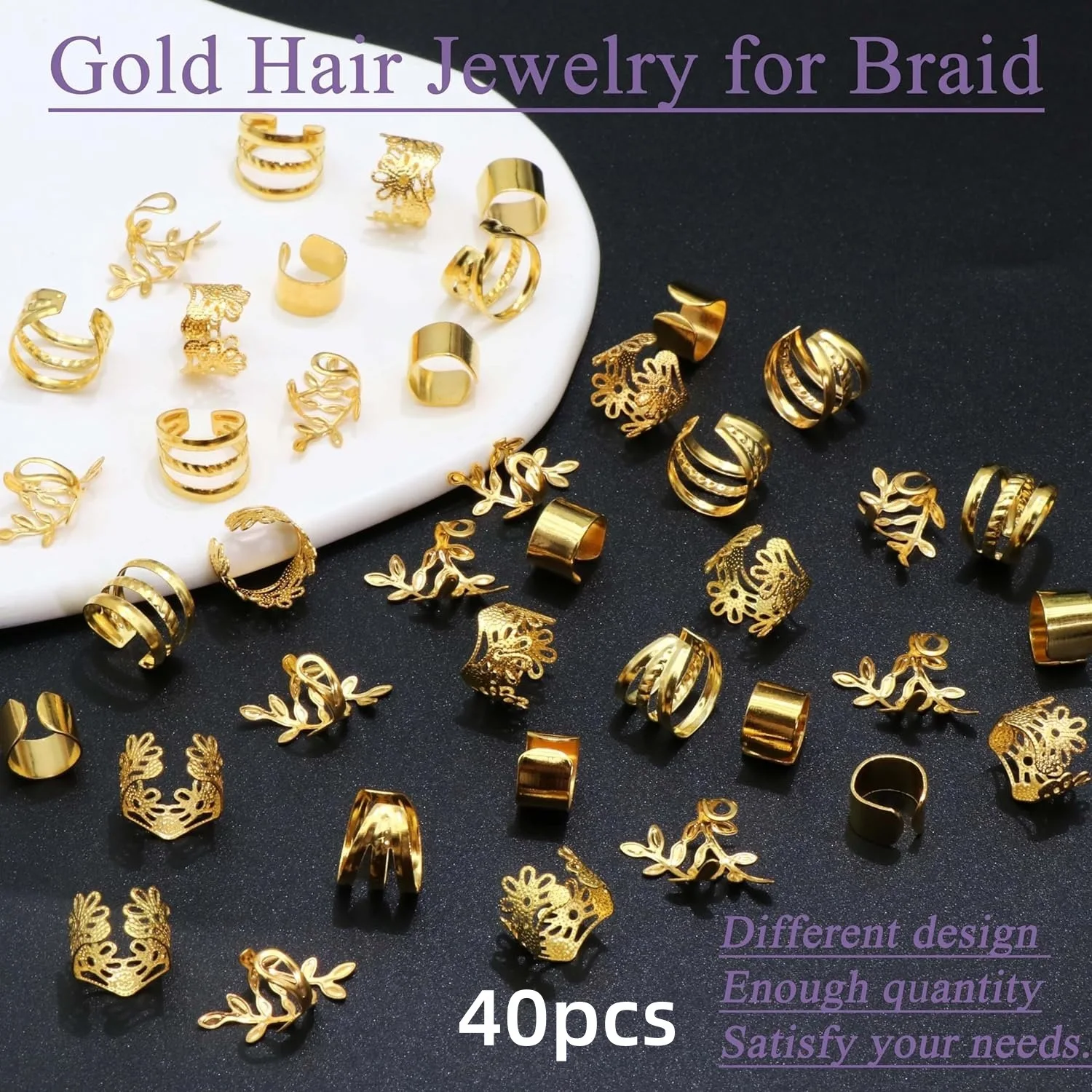 40개 골드 & 실버 속이 빈 올리브 가지 디자인 드레드락 헤어 커프 세트 - 헤어 액세서리