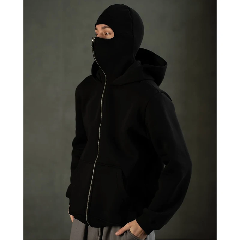 Autumn Winter Men Women Solid Color Zipper Hoodie Face Mask High Street Casual Unisex Style Loose Sweatshirts Outerwear Top 2025