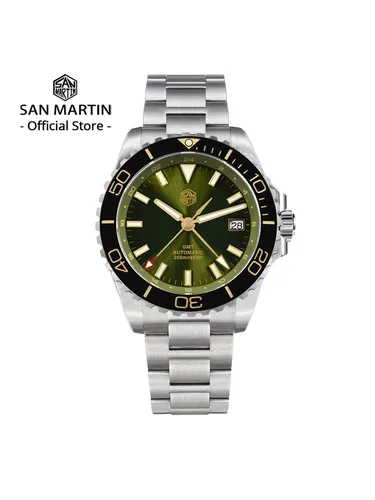 Reloj San Martin Diver GMT de 39mm con esfera esmaltada NH34 de acero inoxidable, reloj de lujo para hombre, reloj mecánico automático con zafiro luminoso SN0136