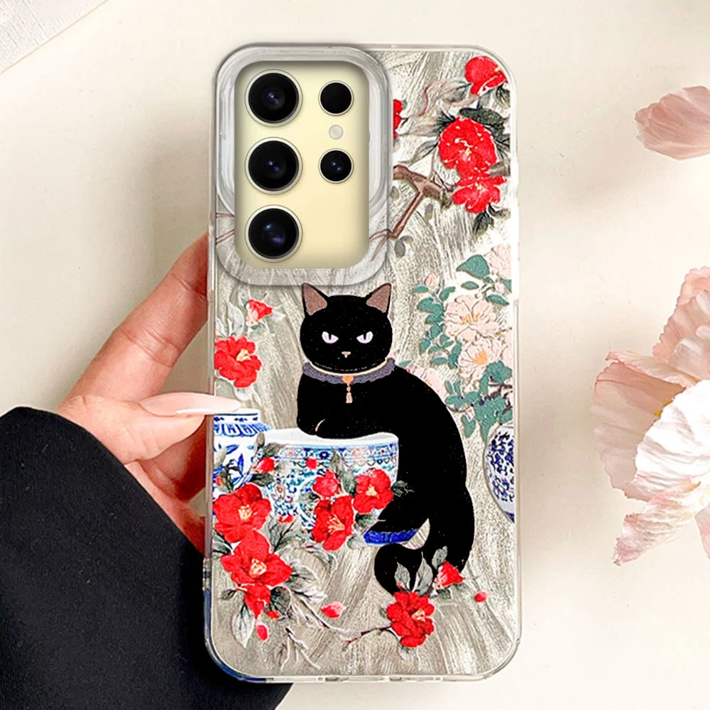 Luxury Black Cat  Flower Phone Cases Phone Case for Samsung Galxy A56 A16 A26 A36 A55 A35 A15 S24 S25 Shell Silicone Back Cover