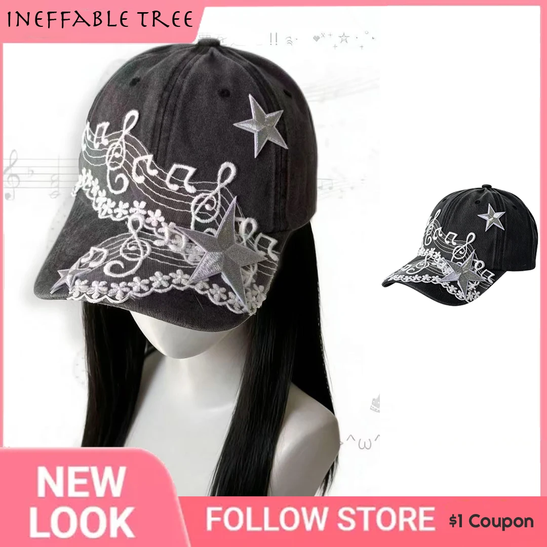 Y2K Baseballkappen mit Musiknoten- und Sternstickerei für Damen, Punk-Stil, Frühling/Sommer, Outdoor, verstellbarer Sonnenschutz-Hut, Casquette