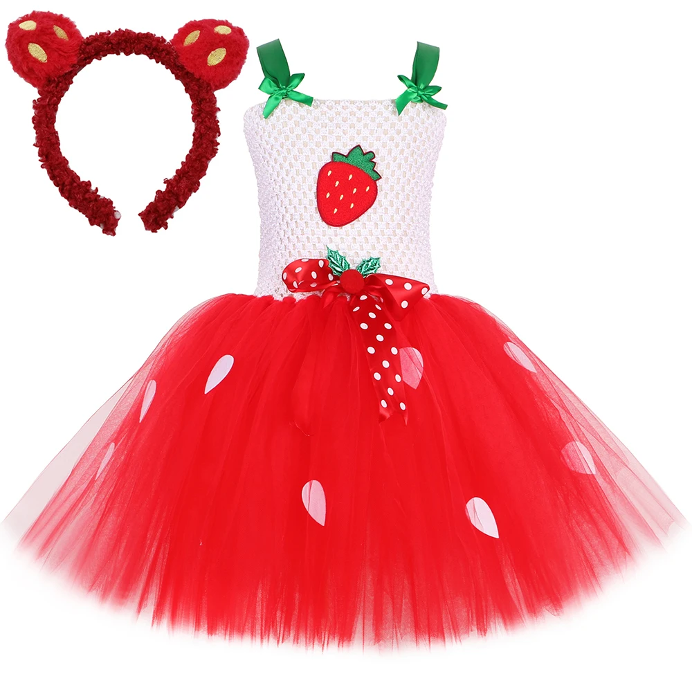 Toddler Girls Strawberry Costume Kids Fruit Theme Birthday Party Tutu Dress Girl Halloween Christmas Princess Dress Up Clothes