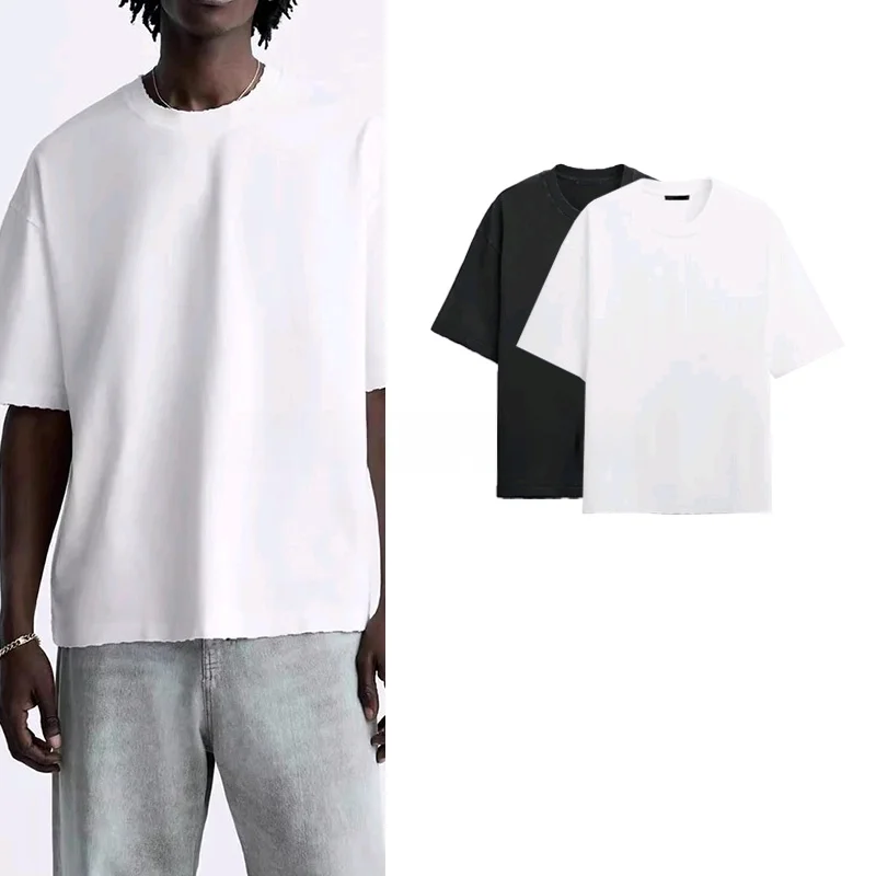 

Spring New Men's Casual Waed Effect round Ne ort Sve T-irt Loose Fit American mat Sle Youth ular Faion