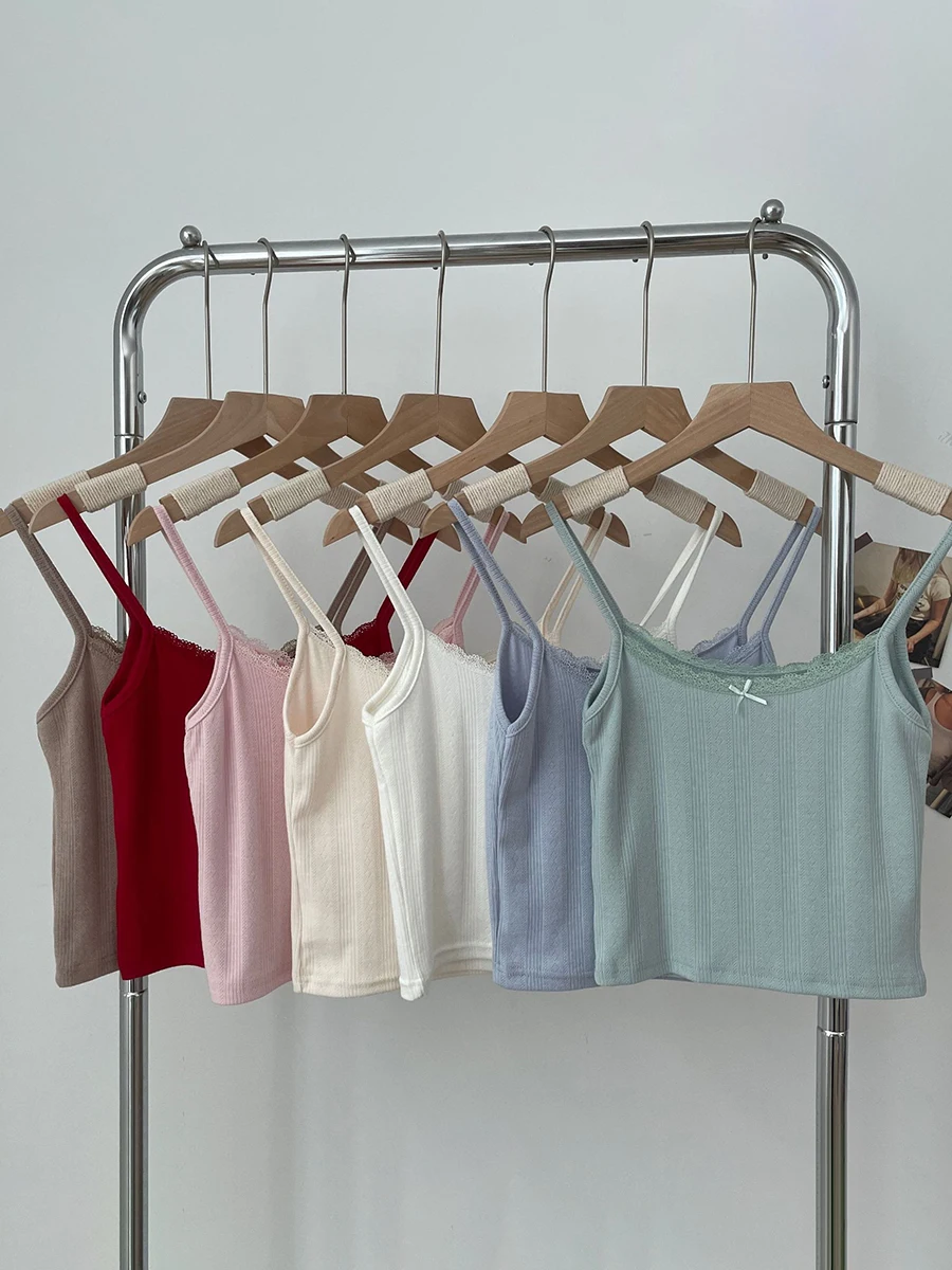Solid Eyelet New Slim Tank Tops Woman Summer Bow Lace Trim Cropped Camisole Sweet Cute Preppy Style Simple Basic Crop Top Y2k