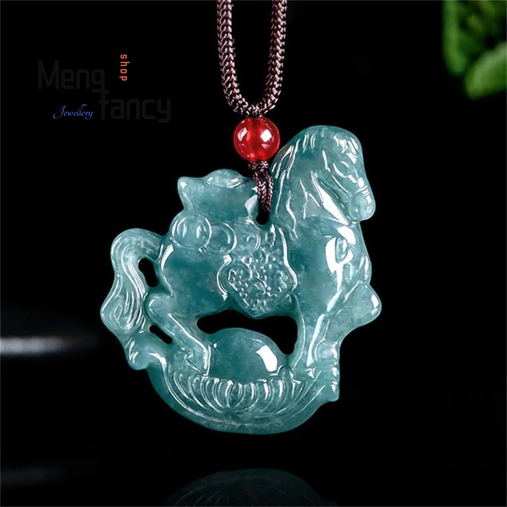 

Natural A-grade Jadeite Blue Water Twelve Zodiac Horse Ice Type Jade Pendant Get Rich Soon Exquisite Fashion Jewelry Fine Mascot