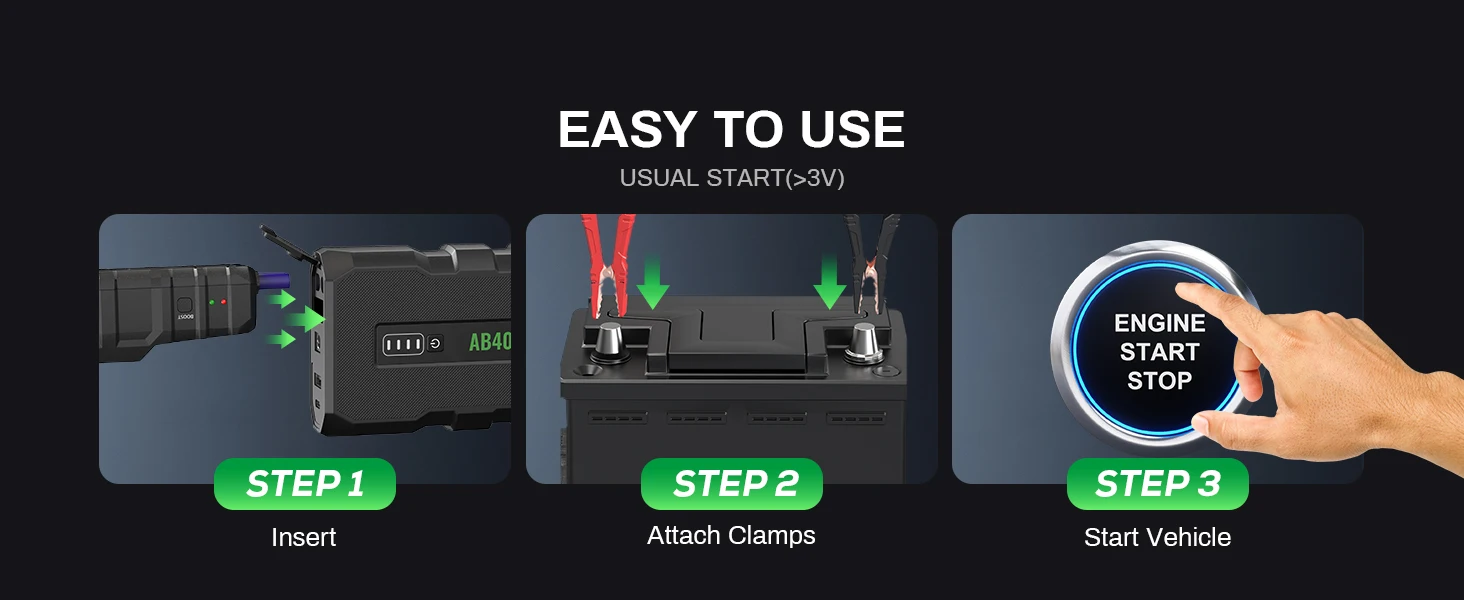 AMPBANK AB4000 Starthilfe für Autos, 16000mAh Booster Powerbank, tragbares 12V 4000A Booster-Pack, bidirektionales Schnellladen, BOOST-Funktion für Autos, SUVs, LKWs und Motorräder – Detail 8
