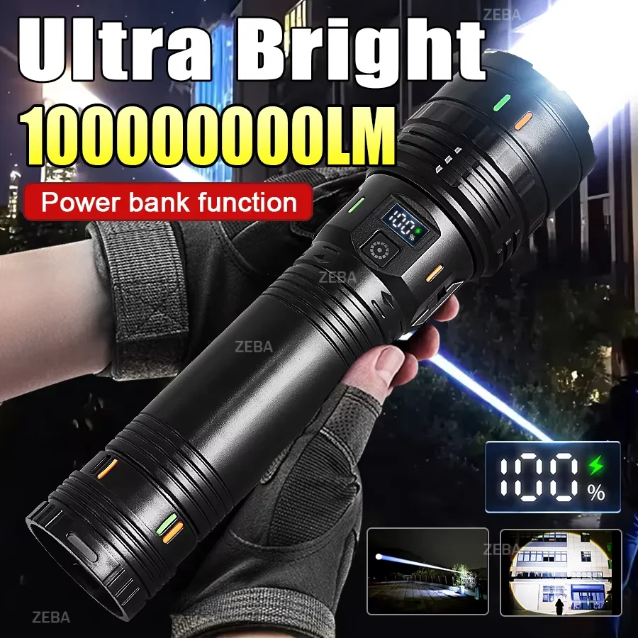New 100000000LM Ultra Bright 15000mAh USB C Rechargeable Torch High Power Flashlights Waterproof Camping Lantern Digital Display