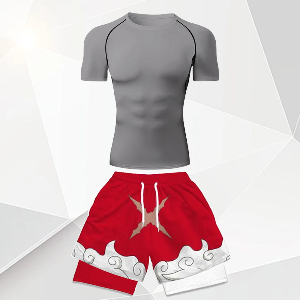 Men's 2Pcs Anime Gym Outfit White Compression Tee + Red Cloud Print Double Layer Shorts Set Quick Dry Fitness Sportswear Suit view 2