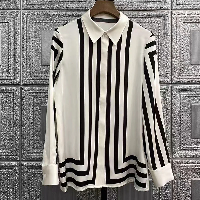 Camicia a maniche lunghe in seta di alta qualità abbigliamento autunnale da donna nuova camicia con stampa a righe temperamento in seta di gelso