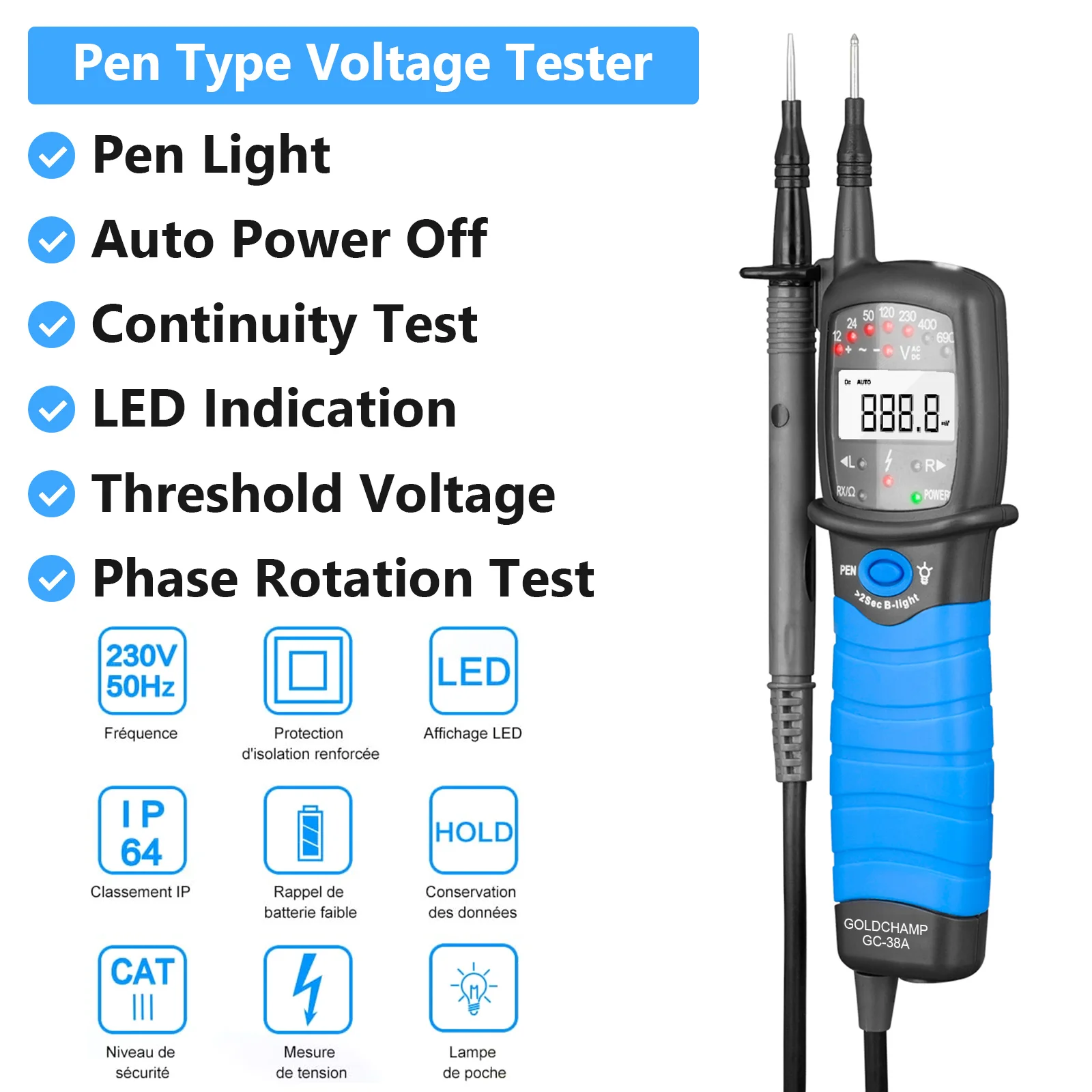 HP-38A Pen Type Multimeter Phase Rotation 690V TRMS NCV Auto Ranging Flashlight Backlight Data Hold Tester For Electrician Pro