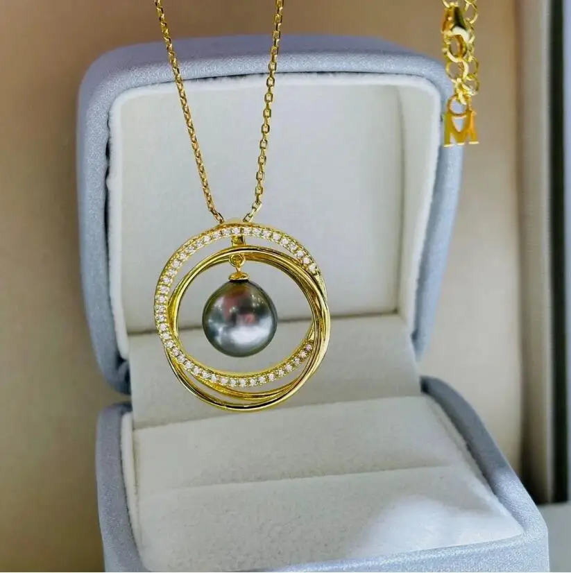 

stunning 9-10mm tahitian round black green pearl pendant 925s