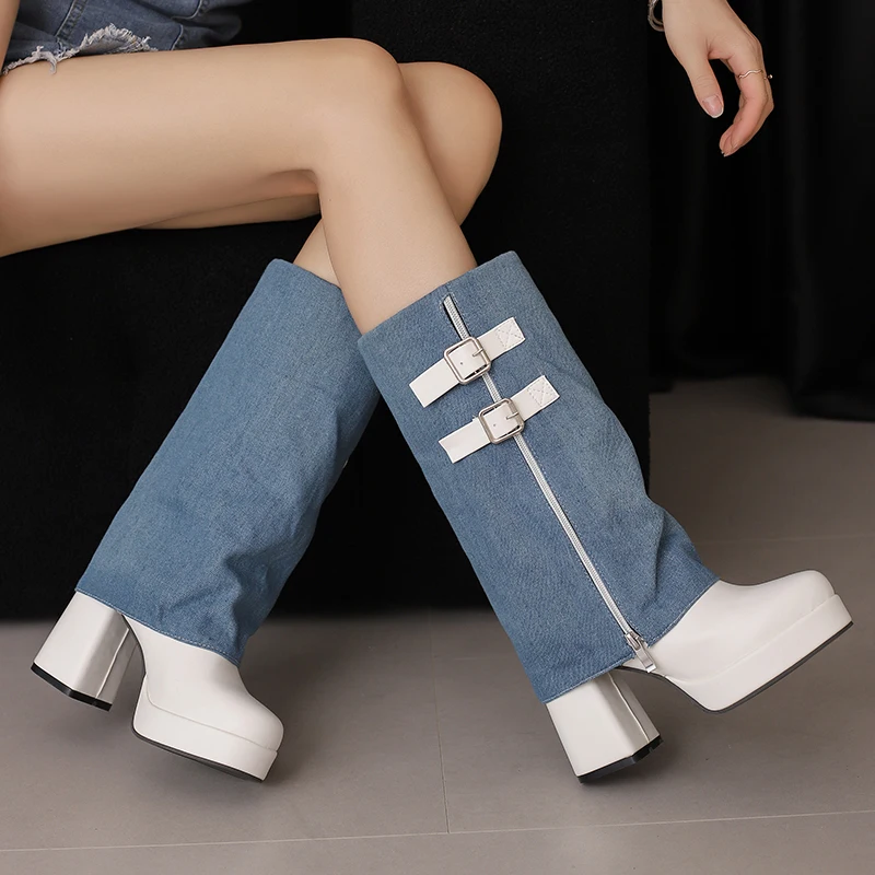 Plus rozmiar dwurzędowy pasek klamra zamek dżinsowy patchwork PU modne buty do połowy łydki bardzo wysokie grube obcasy Slip-ON nowoczesne buty