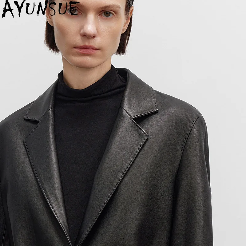 AYUNSUE Giacca in vera pelle di pecora naturale Donna Vintage Nero Giacche da donna Primavera Autunno Vestiti Cintura Jaqueta Couro