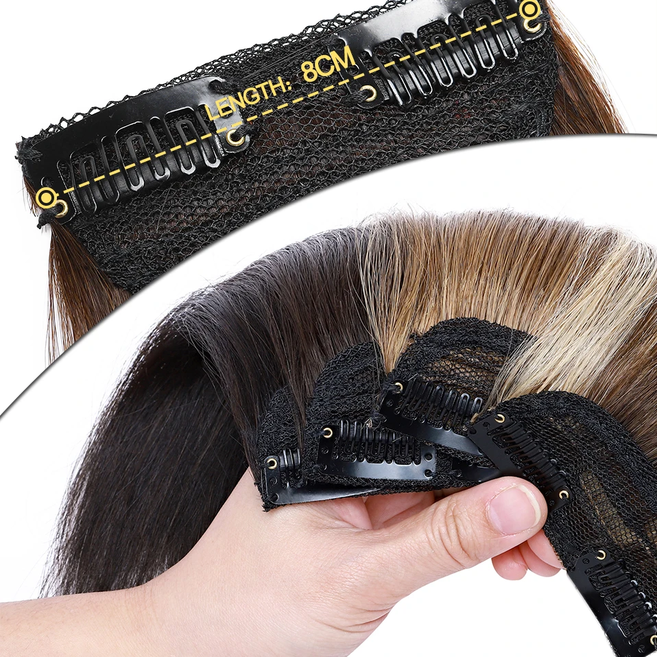 100% Human Hair Invisable Straight Hair Pads Clip In One Piece 2Clips Increase hair volume Hair Extensions Top Side Cover