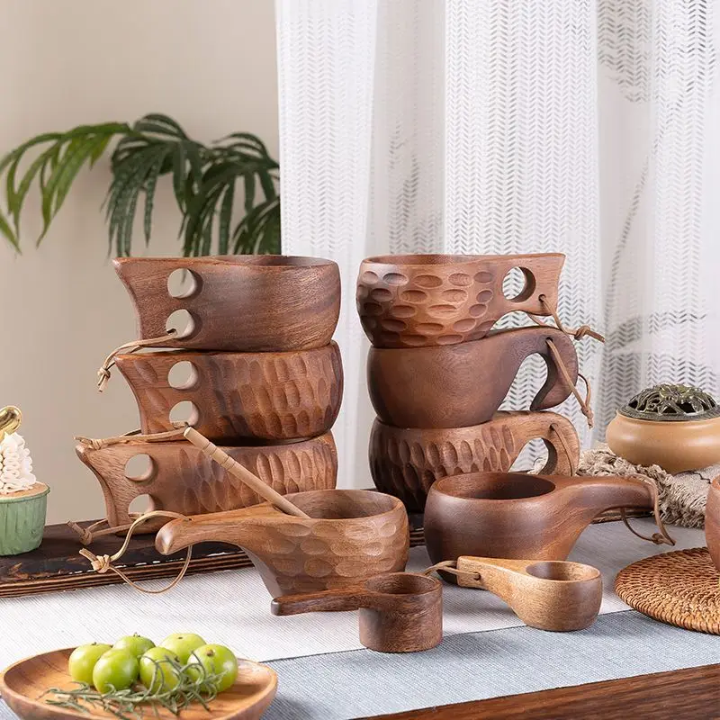 كوب خشبي من فنلندا إبداعي للتخييم في الهواء الطلق والسفر كوب خشبي على الطراز الشمالي مصنوع يدويًا من الحليب والقهوة وأكواب البيرة