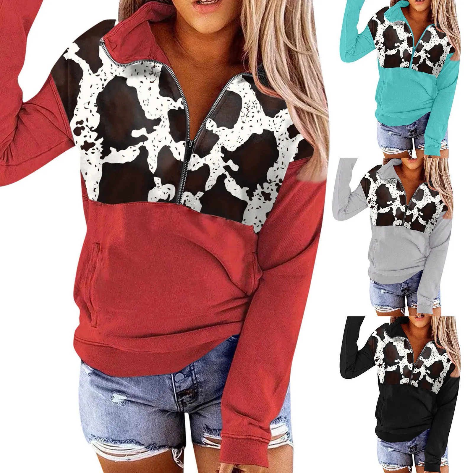 

Pullover Women Casual Lapel Collar Long Sleeve Pullovers Coat Fashionable Cow Printed Zipper Decor Comfortable Tops For Women