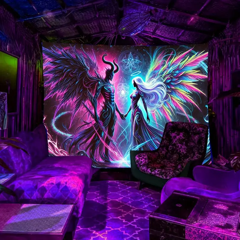 VIKAMA Angel Devil Tapestry Neon Fantasy Couple Wall Hanging For Bedroom Dorm Mystic Aesthetic Background Home Decor