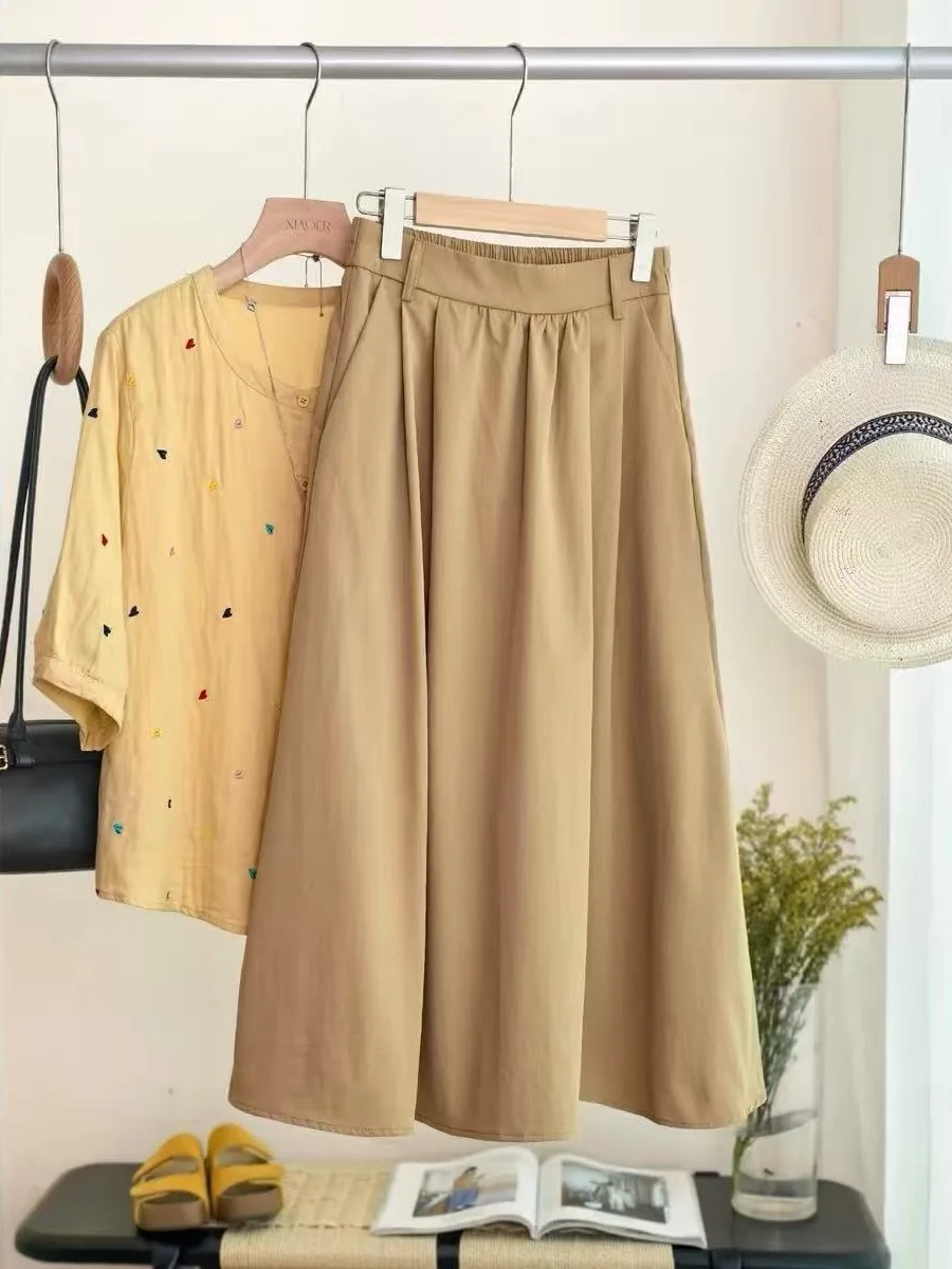 Elegant Pure Color Cotton Linen Half Skirt Women's Summer Slimming Loose High Waist A-Line Skirt Korean Style Casual Dress