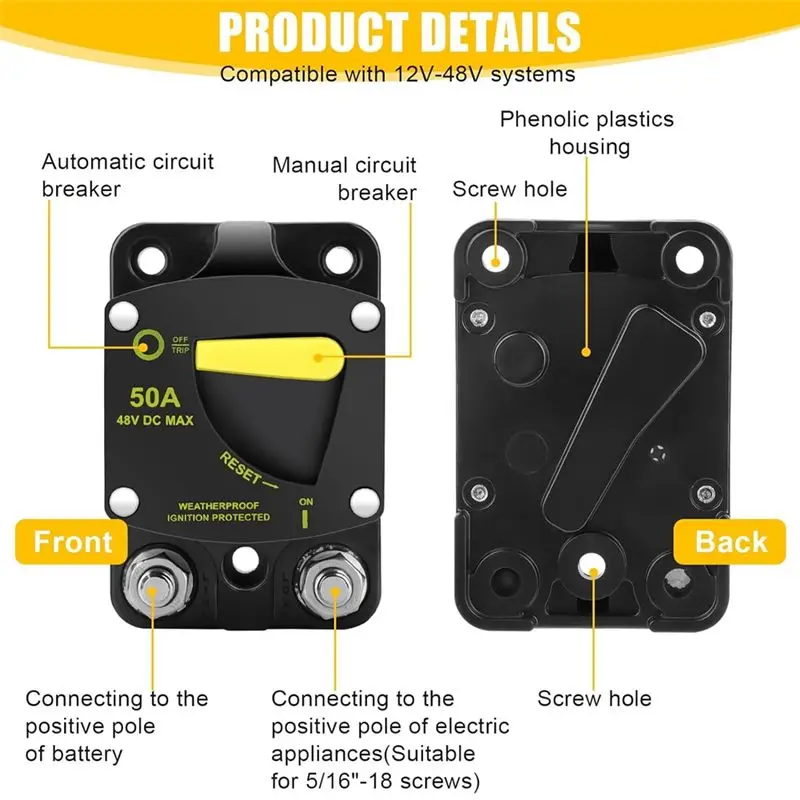 BAAU 50Amp Circuit Breaker W/Manual Reset Switch DC 12-48V High Amperage,W/Wire Lugs Copper Washer For Car Audio RV Marine Durab