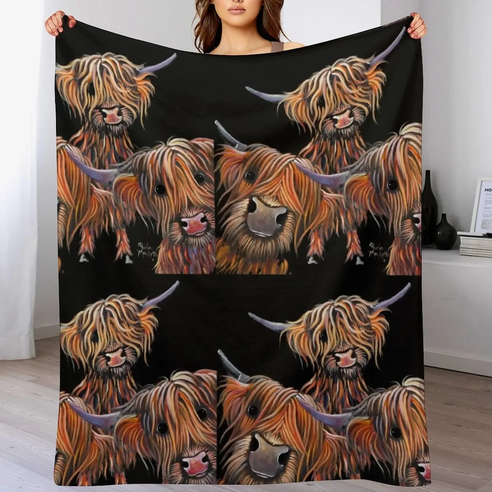 

HiGHLaND CoW PRiNT SCoTTiSH ' THe BaKeD BeaNS ' BY SHiRLeY MacARTHuR Throw Blanket Sofa Quilt Giant Sofa Designers Blankets