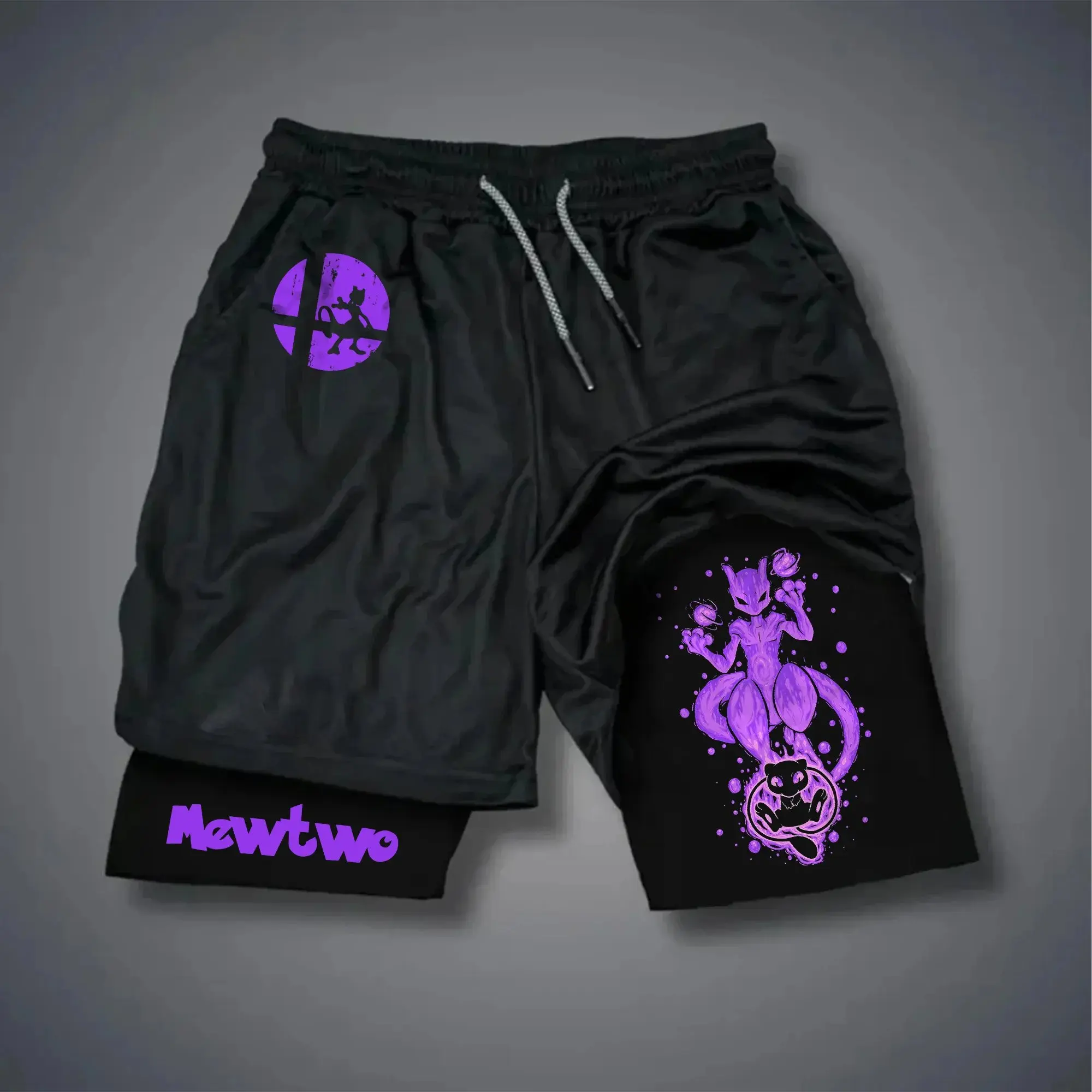 Zomer 2025, Pokemon Zwart Wit Katoenen Shorts Mannen Vrouwen Gengar Purple Smoke Pokémon Tekst Wit Trekkoord Anime Casual Y2k