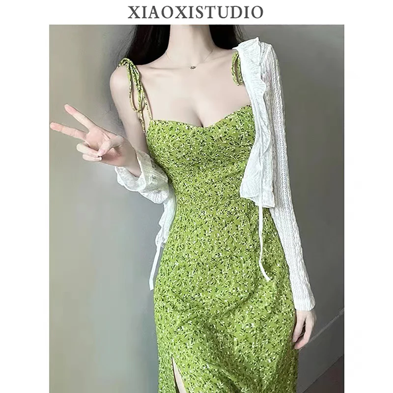 French Temperament Square Collar Suspenders Dress Women's 2024 Summer New Green Floral Seaside Holiday Dress Fashion Beach Dress