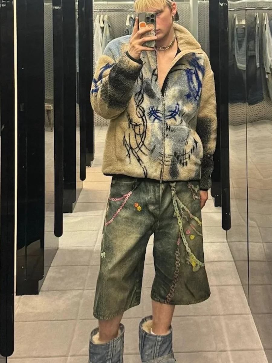 

Ac Sle 3D Digital Candy Chain Print Waed Vintage 7/8 Length Loose Straight Leg Wide Leg orts Summer Casual Jeans orts