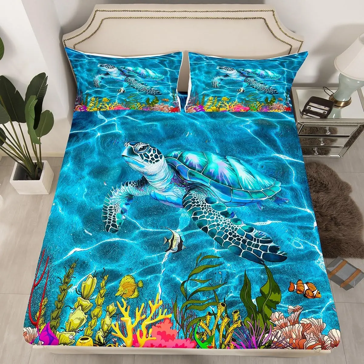 Sea Turtle Fitted Sheet Ocean Animal Nautical Bed Sheets Mediterranean Style Coral Seaweed Fish Tortoise Marine Life Sheet Set