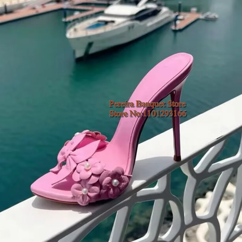 

Pink Flower Decor Pointy Toe High Heel Slippers PU Leather Slip On Female Modern Sandals Cover Heels White Footwears