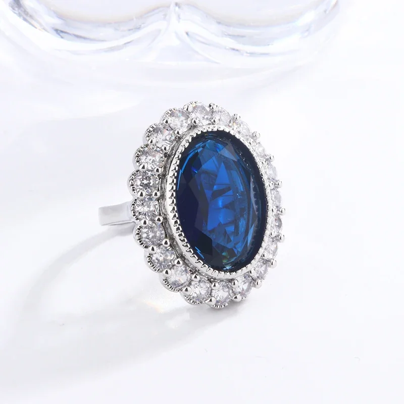 Delicate and generous Blue Oval Ring Fashion Flower Shape Attended Banquet Anniversary Jewelry S925 Silver Plated Jewelry