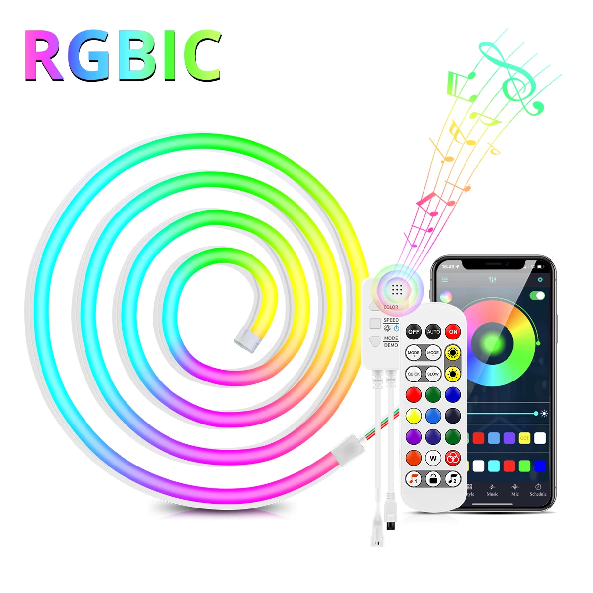 

Neon Rope Lights DC24V RGBIC LED Strip Lights With Music Sync Color Changing Gaming Lights Bluetooth APP Control Room Wall Decor