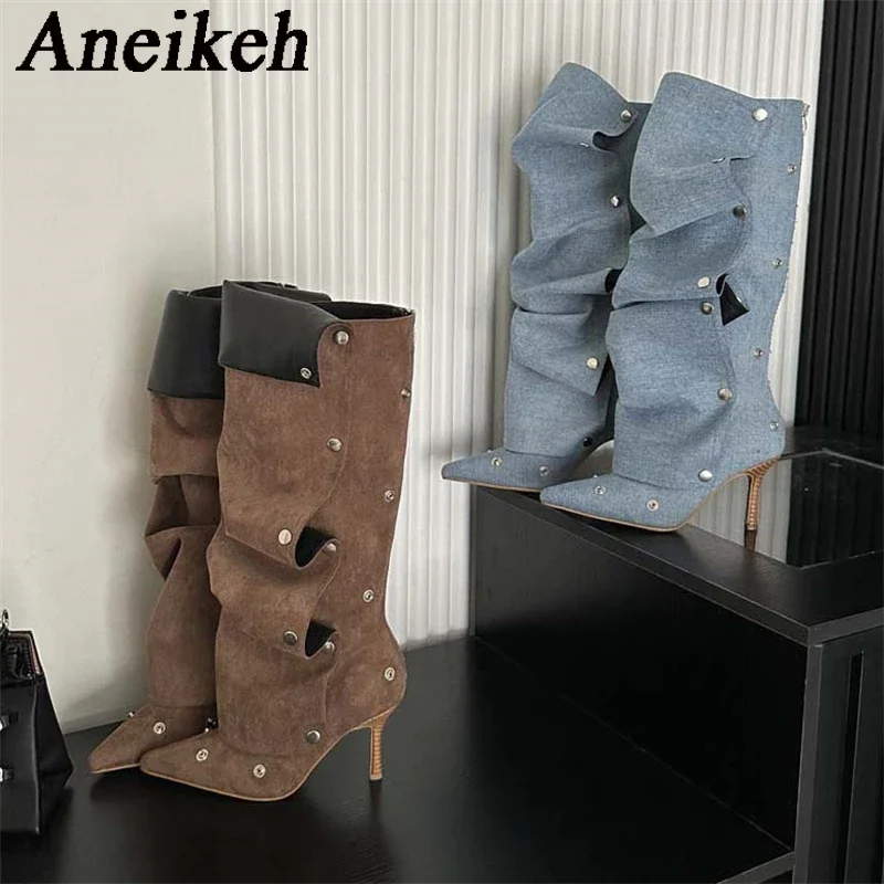 Aneikeh High Heel Long Boots for Women High Botte Winter Boots Shoes for Botas Mujer Thin Heeled Pointed Denim Metal Button Shoe