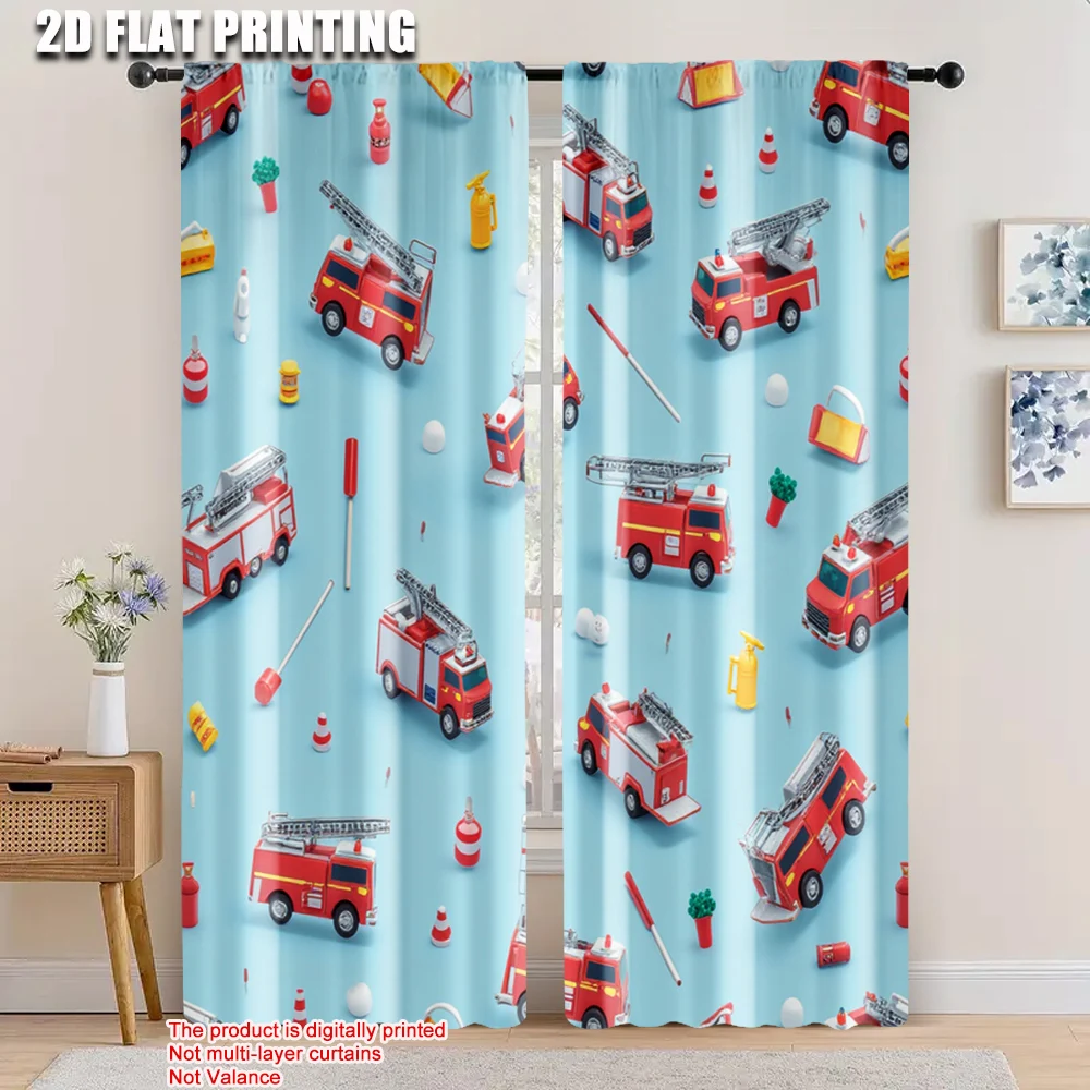 2pcs, spring summer Curtains Firetrucks Emergency Service Thematic Sheer Curtains Versatile Polyester Outdoor Decorations Ldeal