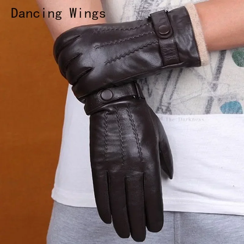 

Men's Genuine Leather Gloves Real Sheepskin Black Thickening Fur Gloves Button Fashion Brand Winter Warm Mittens New
