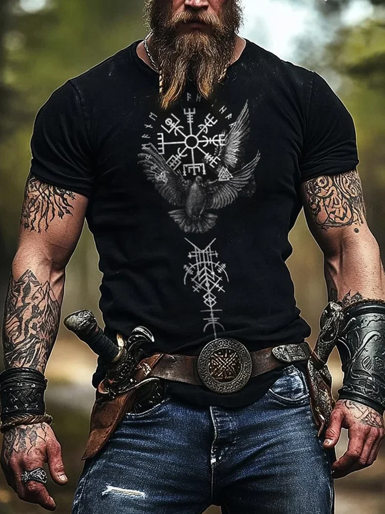 Retro Crow Print Men's Fitness T-Shirt Outdoor Street Style Men's Fashion T-Shirt Casual Sports Short-Sleeve Shirt Everyday Wear