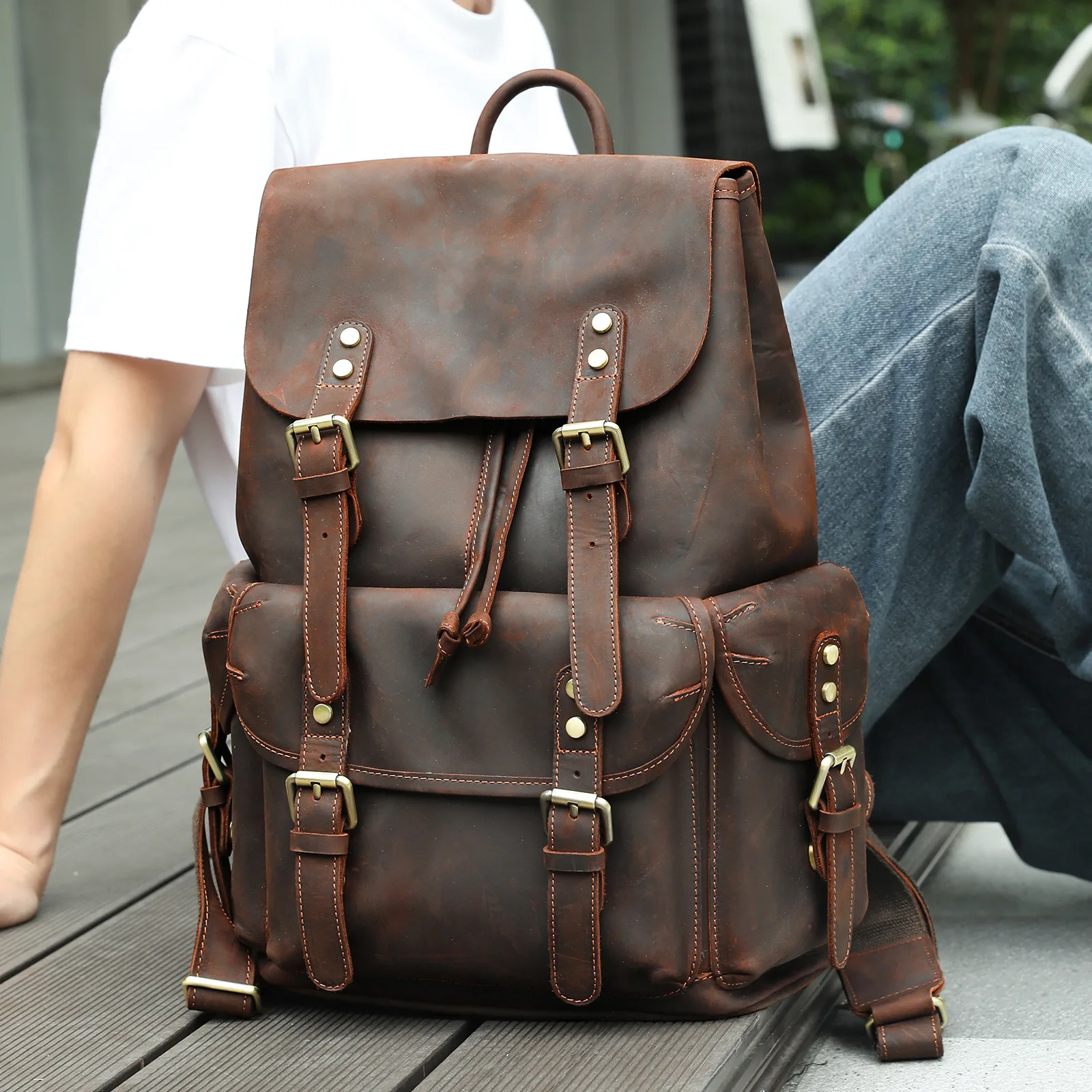 Retro Leder Herren Rucksack Oberschicht Rindsleder Reiserucksack Große Kapazität Schultasche Crazy Horse Leder Laptoptasche