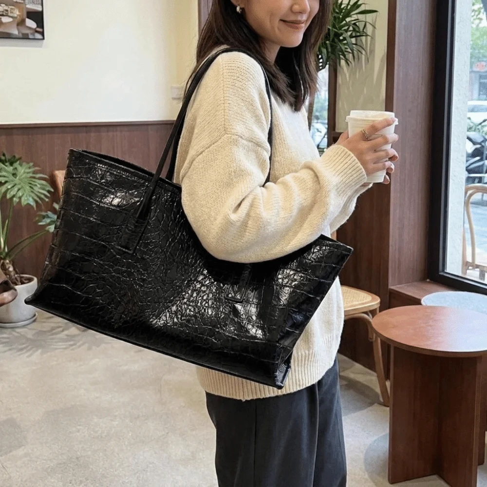 Magnetic Snap Fastener Random Crocodile Embossed Shoulder Bag Polyester Lining Soft PU Leather Tote Bag Minimalist
