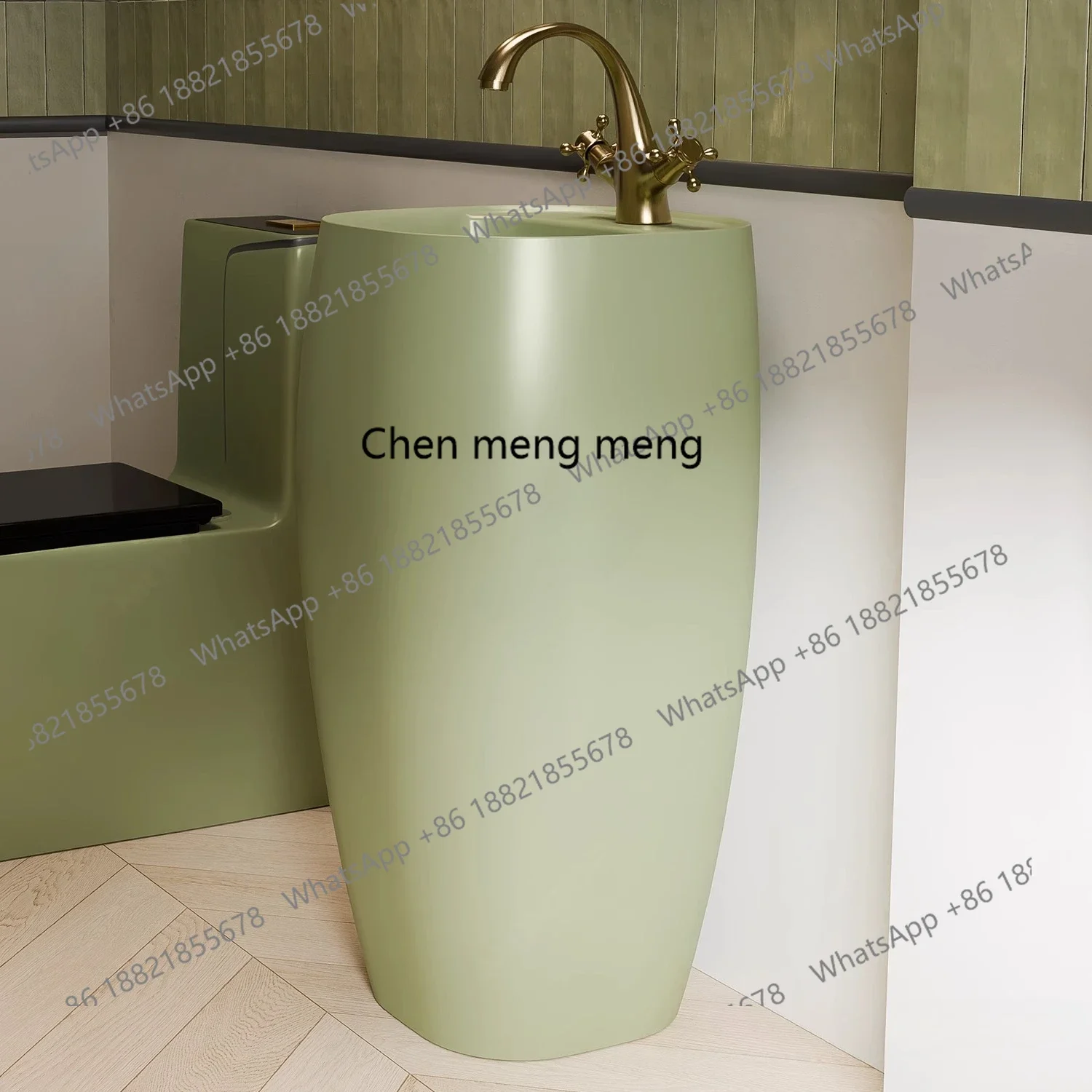 X  Retro green integrated floor-to-ceiling ceramic column basin, bathroom hand washing, washbasin