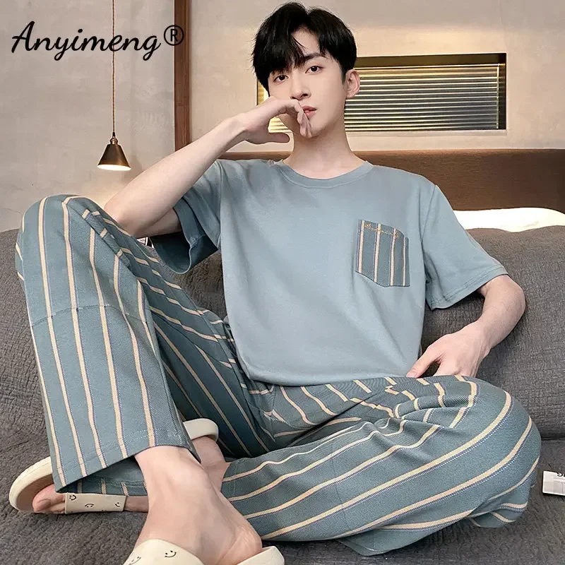 New Summer Knitted Cotton Pajamas Set for Men Fashion Man Short Sleeve Plaid Pants Sleepwear Plus Size 4XL Pijamas for Boy