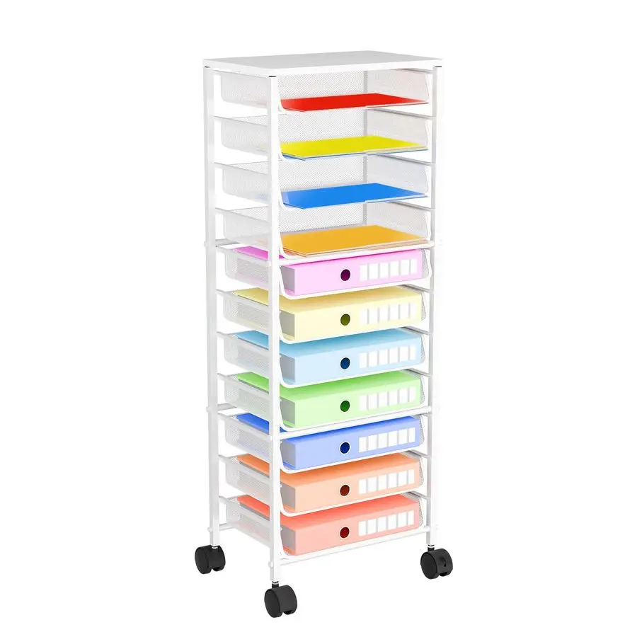 

12 Tier Rolling File Cart,Wood Desk File Organizer with Sliding Trays and Wetal Mesh Paper Letter Storage MultiFunctional Rollin