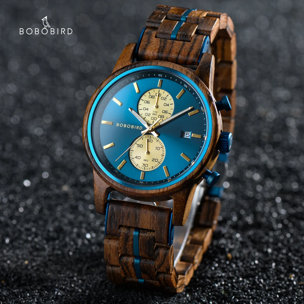 BOBO BIRD Wood Watch Men Business Quartz Watches Engraved Wooden Chronograph Wristwatch with Date Display Custom reloj madera